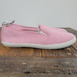 Take A Walk Pink and White Striped Canvas Slip On Shoes